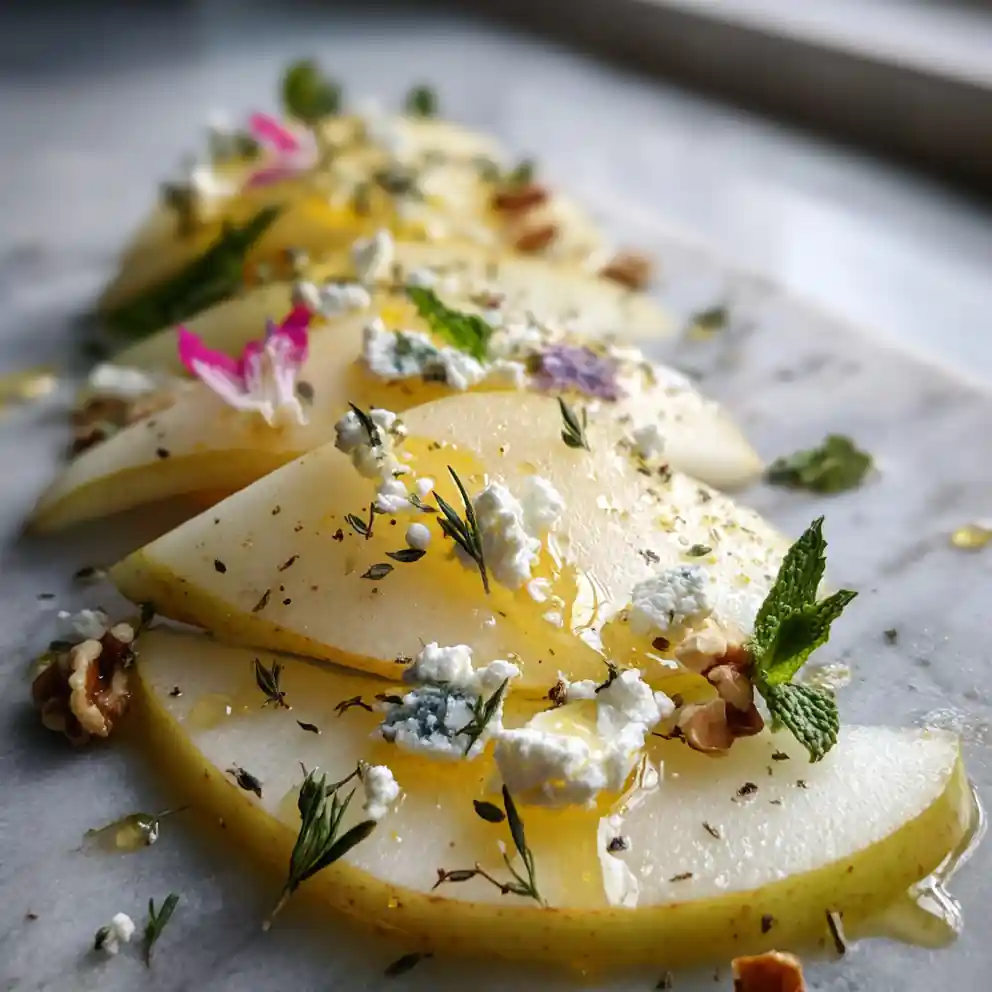 Pear And Herbed Cheese Salad With Saffron Honey Drizzle 1767793817.4939544
