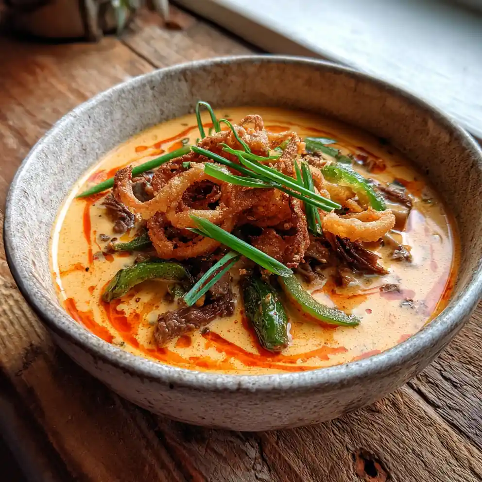 Creamy Philly Cheese Steak Soup With Roasted Red Pepper Cream Swirl 1772059767.7513542